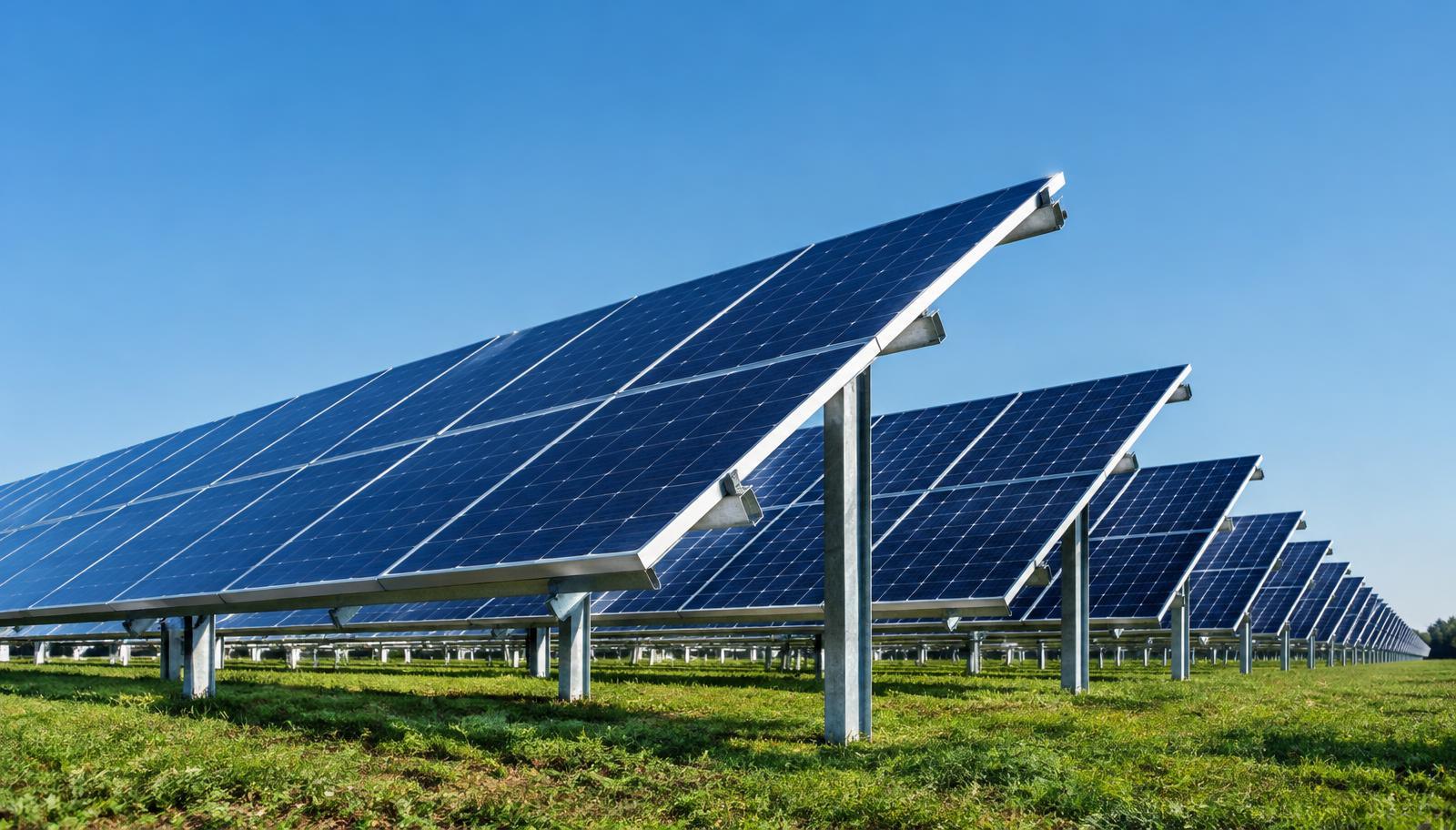 Rows of solar panels angled toward a clear blue sky