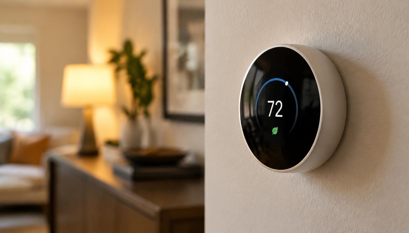 Close-up of a home thermostat on a living room wall