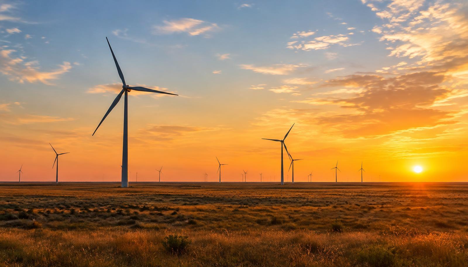 Wind turbines spread across the flat Texas plains at sunset